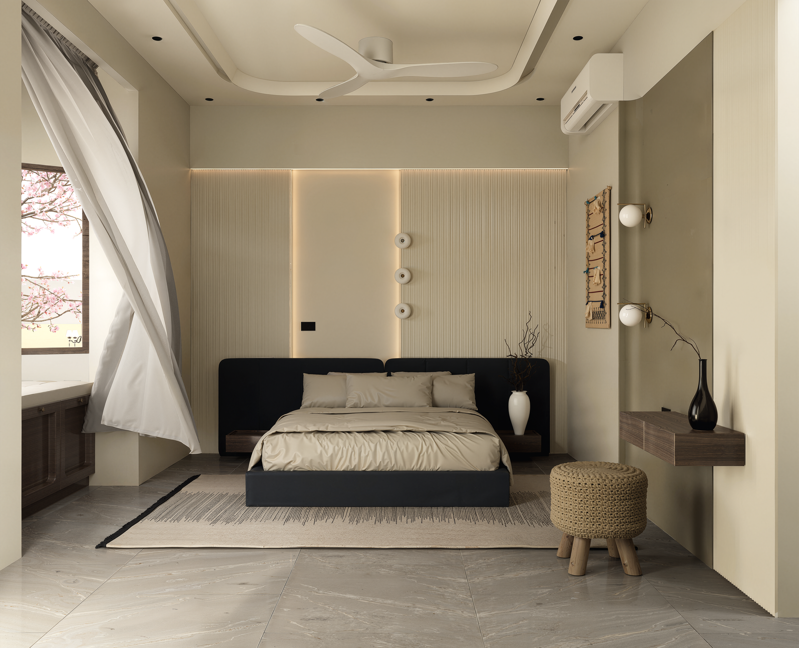 Bedroom with black headboard bed and window view of cherry blossoms